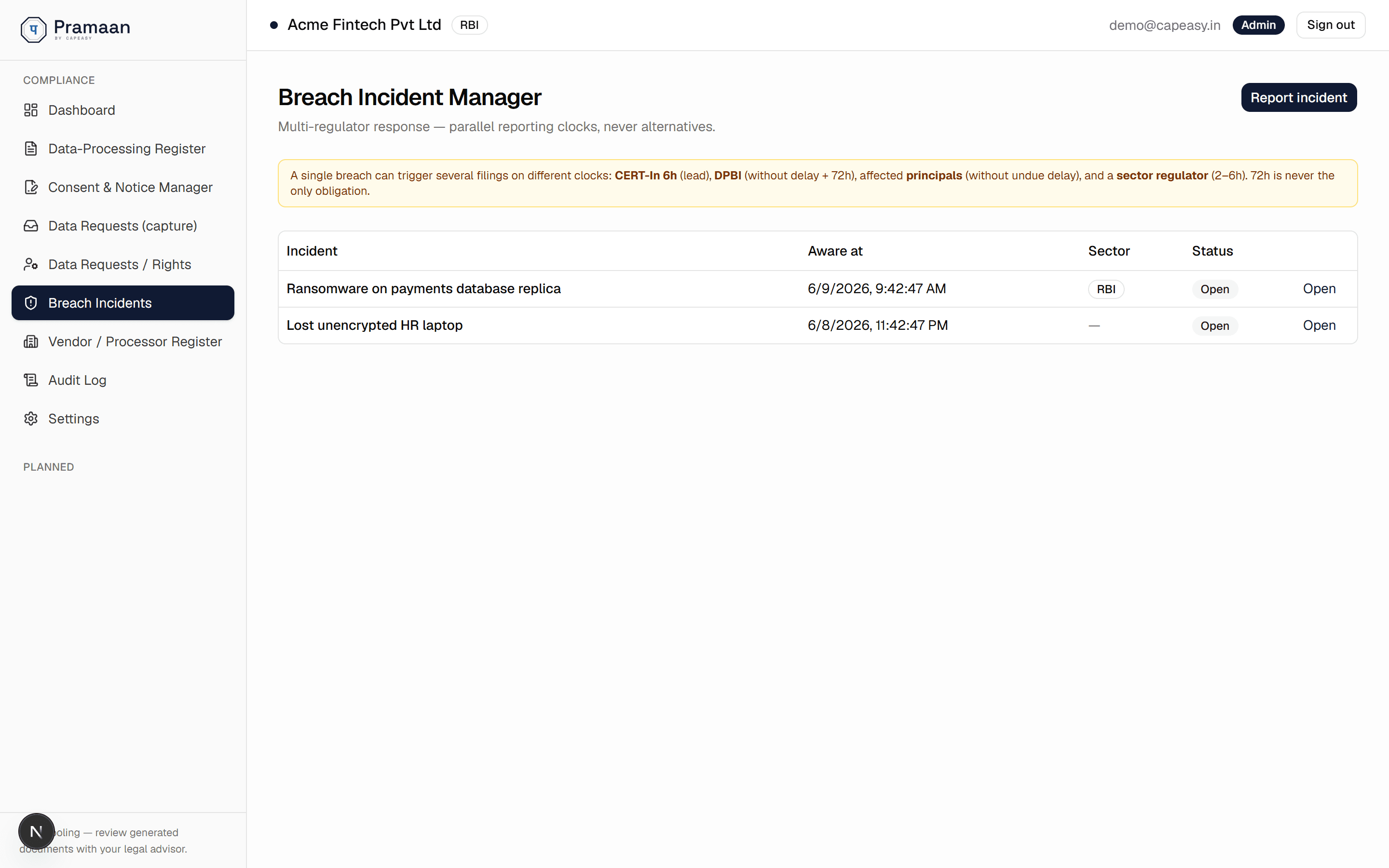 Breach incident clocks
